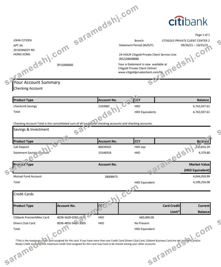 Hong Kong Citibank credit card